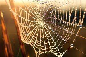 AI generated Close-up of a dew-covered spiderweb in the early morning light. Generative AI photo