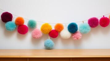 AI generated Yarn pom-pom garland, adding a festive touch. Generative AI photo