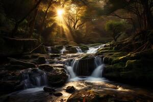 AI generated The play of light on a cascading waterfall. Generative AI photo