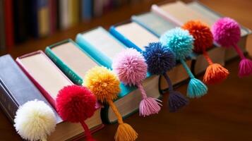 AI generated Yarn pom-pom bookmarks, marking your place in books. Generative AI photo