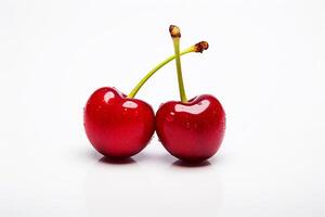 AI generated Two ripe cherries on a white surface. Generative AI photo