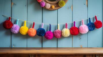 AI generated Yarn pom-pom garland, adding a festive touch. Generative AI photo