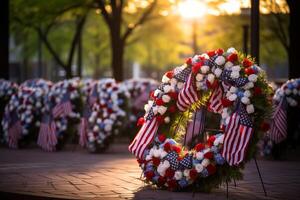 AI generated A Patriot Day memorial adorned with wreaths, ribbons, and an American flag with soft lighting. Generative AI photo