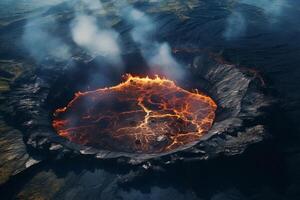 AI generated Aerial view of a smoking volcanic crater. Generative AI photo