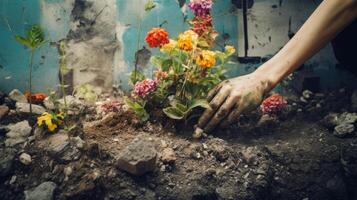 ai generado de cerca de manos plantando flores en un descuidado urbano área. generativo ai foto