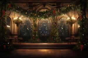 AI generated Room decorated for christmas with lights and wreaths. Generative AI photo