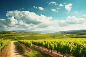 AI generated Rolling vineyards with neat rows of grapevines under a sunny sky. Generative AI photo
