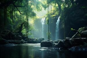 AI generated Tranquil and serene background with a gentle waterfall in a forest. Generative AI photo