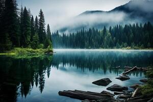 AI generated Serenity of a calm lake surrounded by evergreens. Generative AI photo