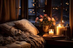 AI generated Candlelight creating a cozy corner in a room. Generative AI photo
