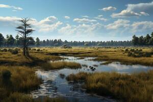 AI generated A serene image of a wetland reflecting the surrounding landscape. Generative AI photo