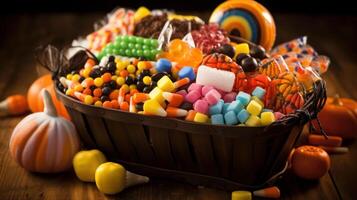 AI generated Candy-filled Halloween basket with a variety of colorful treats. Generative AI photo