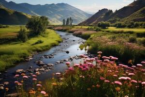 AI generated Peaceful river meandering through a valley dotted with wildflowers. Generative AI photo