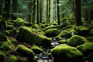 AI generated Moss covered rocks in an evergreen woodland. Generative AI photo