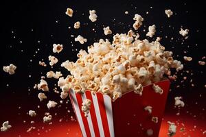 AI generated Popcorn spilling out of a cinema box. Generative AI photo