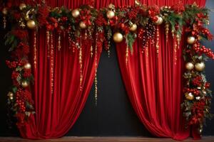 AI generated Red curtain adorned with festive christmas decorations. Generative AI photo