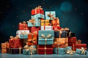 AI generated A pile of holiday gift boxes. Generative AI photo