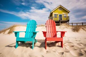 AI generated Charming beachfront cottage with colorful beach chairs on the sand. Generative AI photo