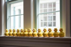 AI generated A perfectly aligned row of rubber duckies on a windowsill. Generative AI photo