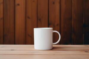 AI generated White coffee mug sitting on top of a wooden table. Generative AI photo