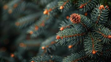 AI generated Pine Tree Close Up With Background Lights photo