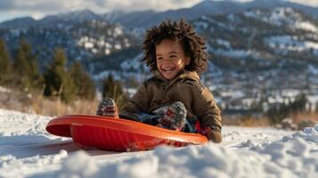 ai generado joven niño sentado en trineo en nieve foto