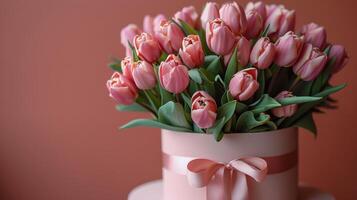 AI generated Pink Tulip Bouquet Wrapped in Satin photo