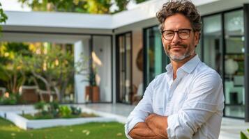 ai generado hombre en pie en frente de grande casa foto