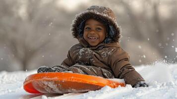 ai generado pequeño niña jugando en nieve foto