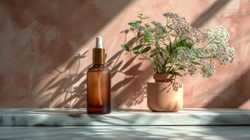 AI generated Essential Oil Bottle by Flower Vase photo