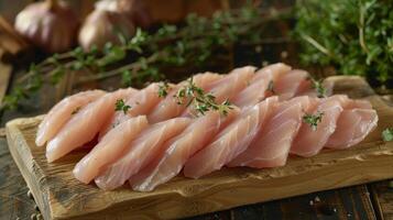 ai generado de madera corte tablero con crudo pescado foto