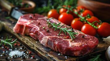 AI generated Raw Meat, Herbs, and Tomatoes on Cutting Board photo