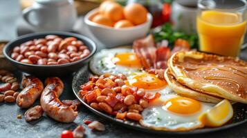 ai generado plato de desayuno comida con huevos, tocino, y panqueques foto