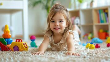 ai generado pequeño niña jugando con juguetes en piso foto