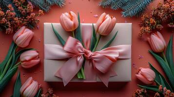 AI generated Pink Ribbon Wrapped Gift With Bow photo