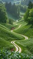 ai generado devanado la carretera mediante lozano verde campo foto