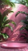 ai generado rosado habitación con palma arboles y redondo banco foto