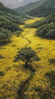 ai generado amarillo campo con arboles y montañas foto