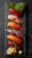 AI generated Assorted Sushi Platter With Various Types of Sushi photo