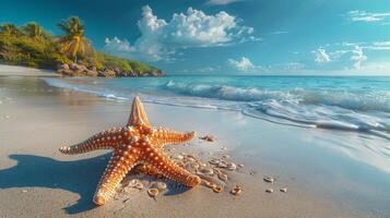 AI generated Starfish on Beach With Ocean Background photo