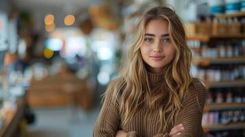 AI generated Woman Standing in Front of Cosmetic Shelf photo