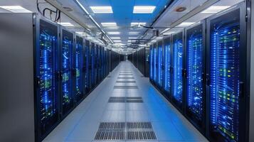 AI generated Rows of Servers in Data Center With Blue Lights photo