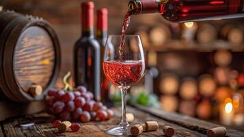 AI generated Red Wine Pouring Into Barrel photo