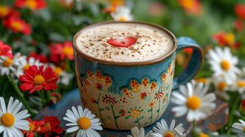 AI generated Hot Chocolate Cup With Daisies and Strawberries photo