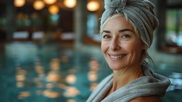 ai generado mujer en pie en frente de nadando piscina foto