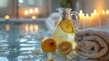 AI generated Lemonade Pitcher Next to Pile of Towels photo