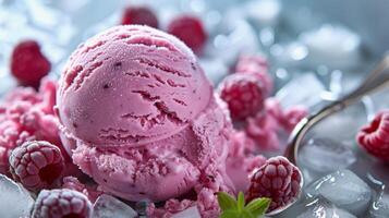 AI generated Spoon With Ice Cream and Raspberries photo