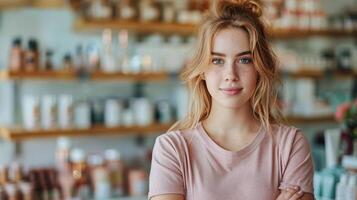 AI generated Woman Standing in Front of Cosmetic Shelf photo