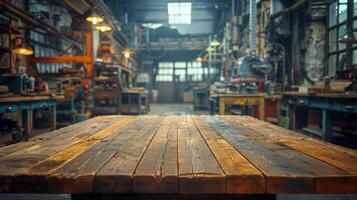 ai generado de madera mesa con varios herramientas en fábrica foto