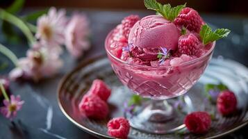 AI generated Glass Bowl With Ice Cream and Raspberries photo